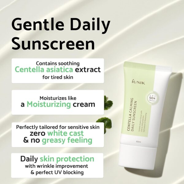Iunik - Centella Calming Daily Sunscreen | Gentle Daily Sunscreen | Contains soothing Centella asiatica extract for tired skin | Moisturize like a Moisturizing cream | Perfectly tailored for sensitive skin. Zero white cast & no greasy feeling. | Daily skin protection with wrinkle improvement & perfect UV blocking.