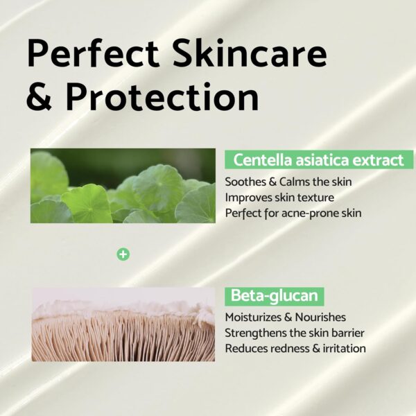 Iunik - Centella Calming Daily Sunscreen | Perfect Skincare & Protection | Centella asiatica extract - Soothes & Calms the skin - Improves skin texture - Perfect for acne-prone skin | Beta-glucan - Moisturizes & Nourishes - Strengthens the skin barrier - Reduces redness & irritation.