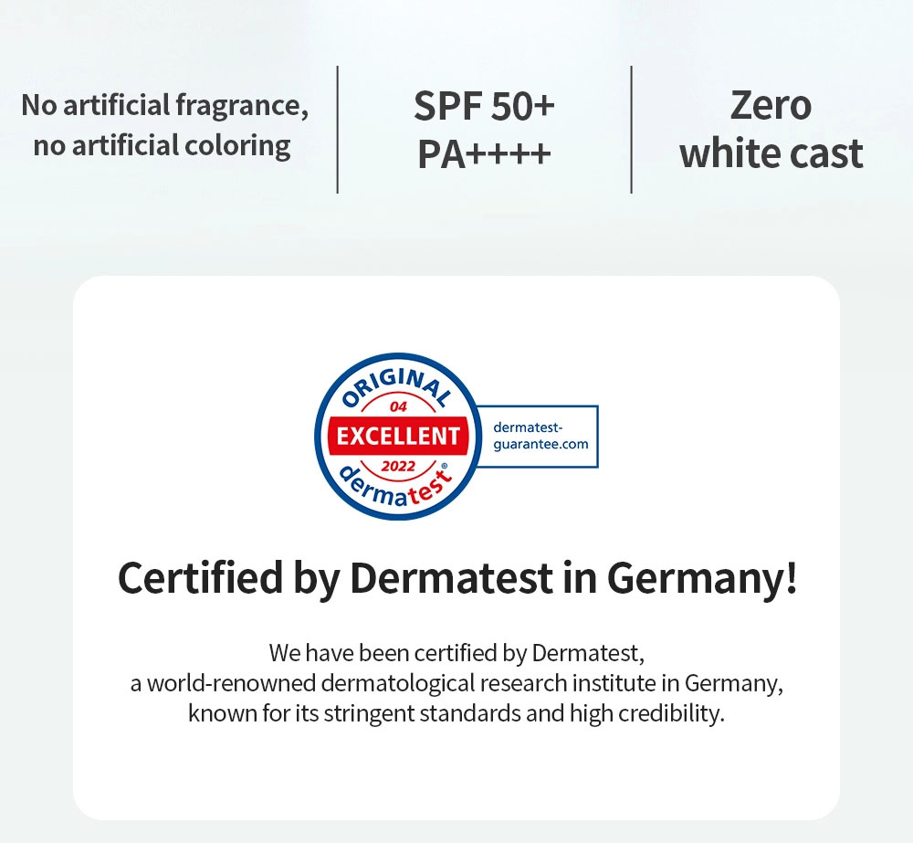 Iunik - Centella Calming Daily Sunscreen | No artificial fragrance, no artificial coloring. | SPF 50+ | PA++++ | Zero white cast | Certified by Dermatest in Germany! - We have been certified by Dermatest, a world-renowned dermatological research institute in Germany, known for its stringent standards and high credibility.