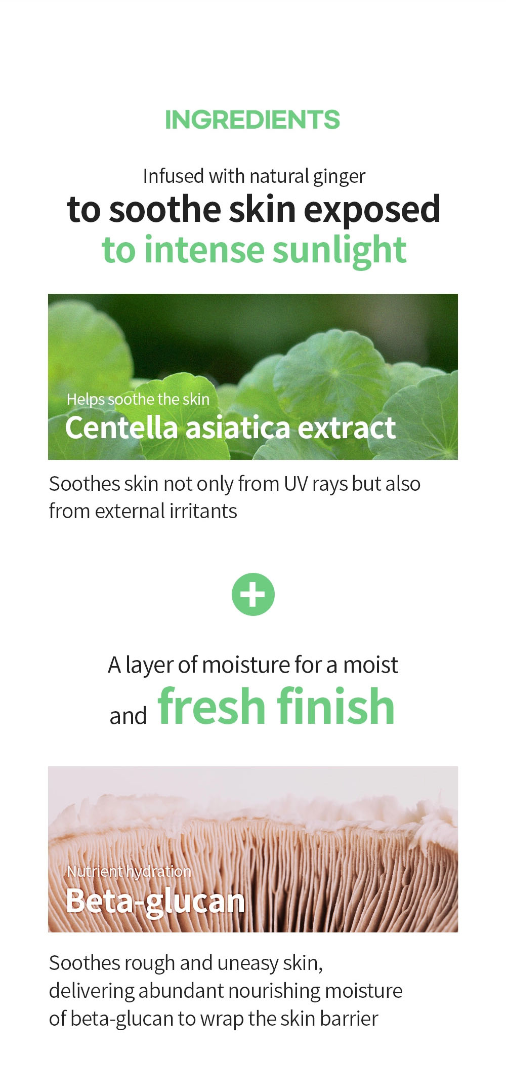 Iunik - Centella Calming Daily Sunscreen | Ingredients | Infused with natural ginger to soothe skin exposed to intense sunlight - Centella asiatica extract - Helps soothe the skin - Soothes skin not only from UV rays but also from external irritants. | A layer of moisture for a moist and fresh finish - Beta-glucan - Nutrient hydration - Soothes rough and uneasy skin, delivering abundant nourishing moisture of beta-glucan to wrap the skin barrier.