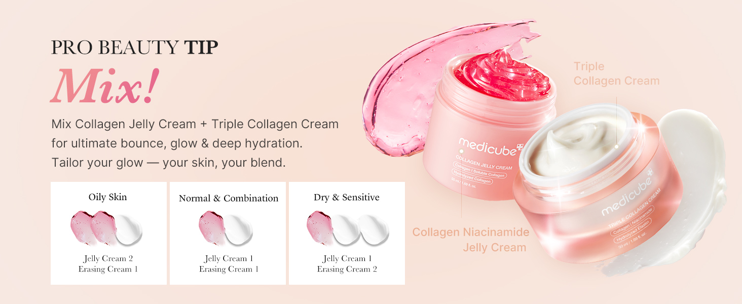 Pro Beauty Tip | Mix Collagen Jelly Cream + Triple Collagen Cream for ultimate bounce, glow & deep hydration. Tailor your glow - your skin, your blend. | For Oily Skin - Jelly Cream 2, Erasing Cream 1 | For Normal & Combination Skin - Jelly Cream 1, Erasing Cream 1 | For Dry & Sensitive Skin - Jelly Cream 1, Erasing Cream 2