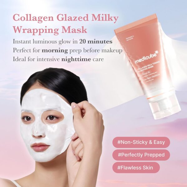 Medicube - Collagen Milk Toning Wrapping Mask | Collagen Glazed Milky Wrapping Mask | Instant luminous glow in 20 minutes | Perfect for morning prep before makeup | Ideal for intensive nighttime care | #Non-Sticky & Easy | #Perfectly Prepped | #Flawless Skin