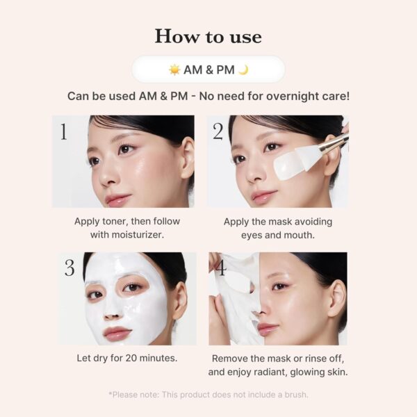 Medicube - Collagen Milk Toning Wrapping Mask | How to use | Can be used AM & PM - No need for overnight care | Step 1 - Apply toner, then moisturize | Step 2 - Finish with a mask avoiding eyes and mouth | Step 3 - Let dry for 20 minutes | Step 4 - Remove the mask or rinse off and enjoy radiant, glowing skin.