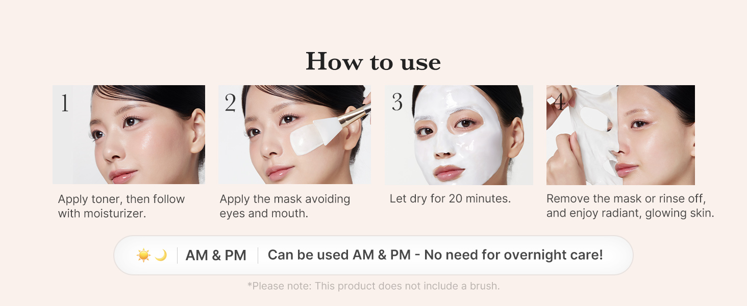 Medicube - Collagen Milk Toning Wrapping Mask | How to use | Can be used AM & PM - No need for overnight care | Step 1 - Apply toner, then moisturize | Step 2 - Finish with a mask avoiding eyes and mouth | Step 3 - Let dry for 20 minutes | Step 4 - Remove the mask or rinse off and enjoy radiant, glowing skin.
