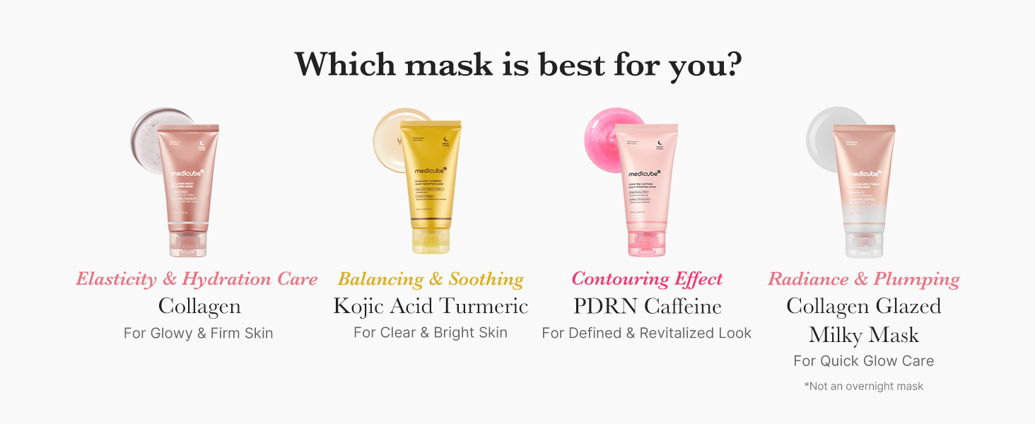 Which mask is best for you? | Medicube - Collagen Night Wrapping Mask - Elasticity & Hydration Care - Collagen - For Glowing & Firm Skin | Medicube - PDRN Pink Caffeine Night Wrapping Mask - Contouring Effect - PDRN Caffeine - For Defined & Revitalized Look | Medicube - Kojic Acid Turmeric Night Wrapping Mask - Balancing & Soothing - Kojic Acid Turmeric - For Clear & Bright Skin | Medicube - Collagen Milk Tonning Wrapping Mask - Radiance & Plumping - Collagen Glazed Milky Mask - For Quick Glow Care, not an overnight mask.