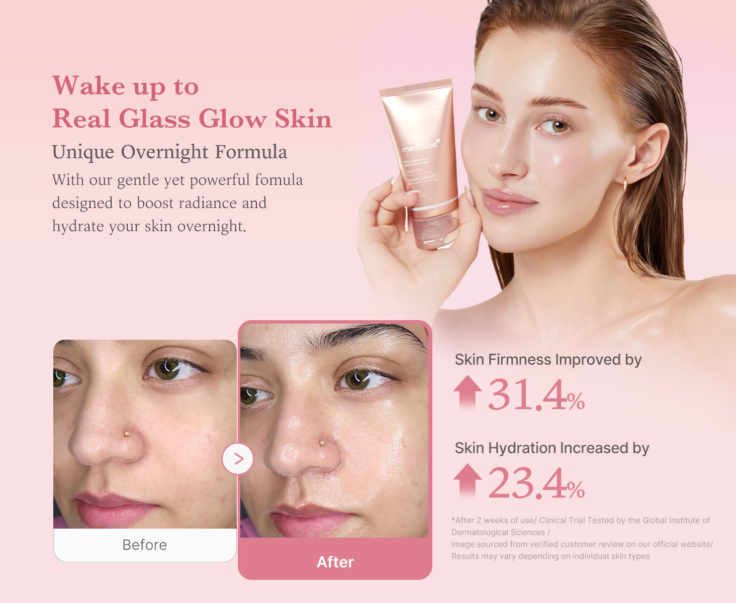Medicube - Collagen Night Wrapping Mask | Wake up to Real Glass Glow Skin | Unique Overnight Formula | With our gentle yet powerful formula designed to boost radiance and hydrate your skin overnight | Skin Firmness Improved by 31.4% | Skin Hydration Increased by 23.4% | * After 2 weeks of use - Clinical Trial Tested by the Global Institute of Dermatological Sciences - Image sourced from verified customer review on our official website - Results may vary depending on individual skin types.