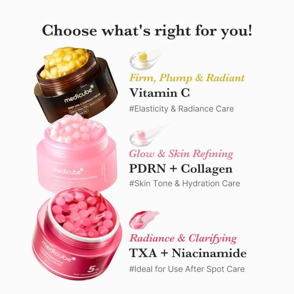 Choose what's right for you | Firm, Plump & Radiant - Vitamin C - #Elasticity & Radiance Care | Glow & Skin Refining - PDRN + Collagen - #Skin Tone & Hydration Care | Radiance & Clarifying - TXA + Niacinamide - #Ideal for Use After Spot Care