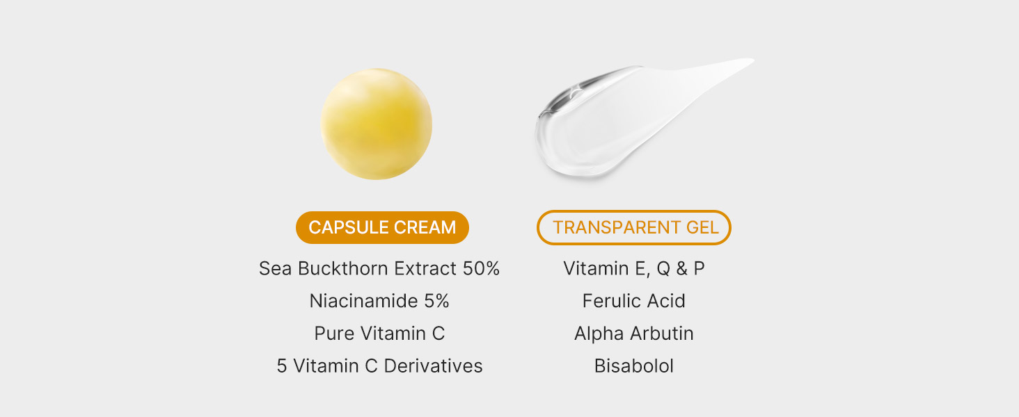 Medicube - Deep Vita C Capsule Cream | Capsule contains - Sea Buckthorn Extract 50%, Niacinamide 5%, Pure Vitamin C, 5 Vitamin C Derivatives. | Transparent gel contains - Vitamin E, Q & P, Ferulic Acid, Alpha Arbutin, Bisabol.