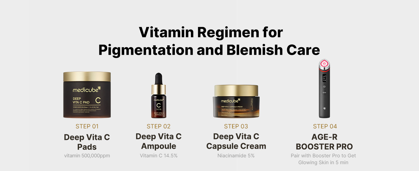 Vitamin Regimen for Pigmentation and Blemish Care | Step 1 - Deep Vita C Pads | Step 2 - Deep Vita C Ampoule | Step 3 - Deep Vita C Capsule Cream | Step 4 - Age-R Booster Pro