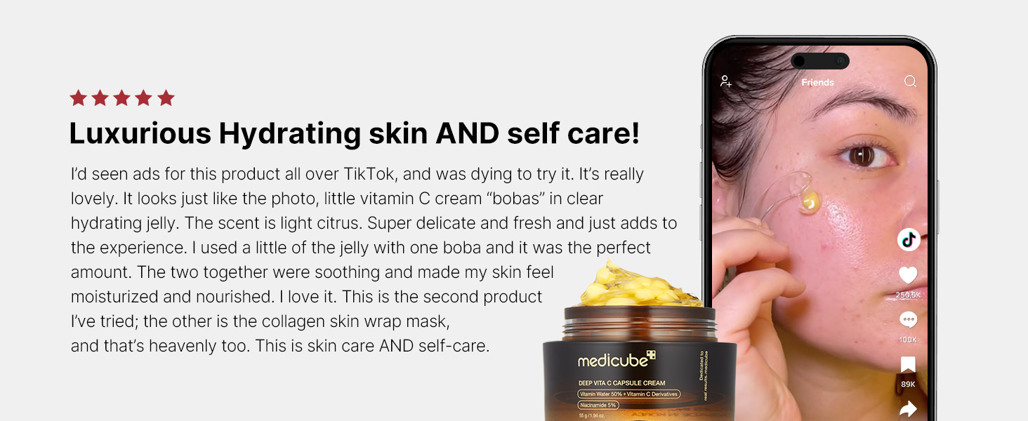 Medicube - Deep Vita C Capsule Cream | Review | Luxurious Hydrating skin and self care! - I'd seen ads for this product all over TikTok and was dying to try it. It's really lovely. It looks just like the photo, little vitamin C cream "bobas" in clear hydrating jelly. The scent is light citrus. Super delicate and fresh and just adds to the experience. I used a little of the jelly with one boba and it was the perfect amount. The two together were soothing and made my skin feel moisturized and nourished. I love it. This is the second product I've tried; the other is the collagen skin wrap mask and that's heavenly too. This is skin care and self-care.