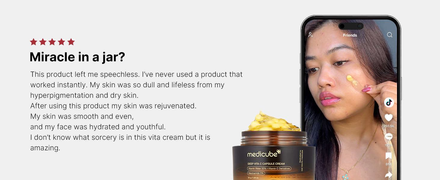 Medicube - Deep Vita C Capsule Cream | Review | Miracle in a jar? - This product left me speechless. I've never used a product that worked instantly. My skin was so dull and lifeless from my hyperpigmentation and dry skin. After using this product my skin was rejuvenated. My skin was smooth and even, and my face was hydrated and youthful. I don't know what sorcery is in this vita ream but it is amazing.