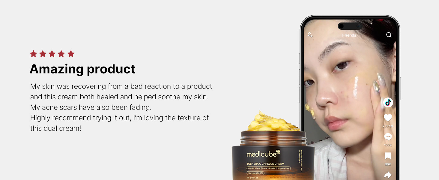 Medicube - Deep Vita C Capsule Cream | Review | Amazing product - My skin was recovering from a bad reaction to a product and this cream both healed and helped soothe my skin. My acne scars have also been fading. Highly recommend trying it out, I'm loving the texture of this dual cream!