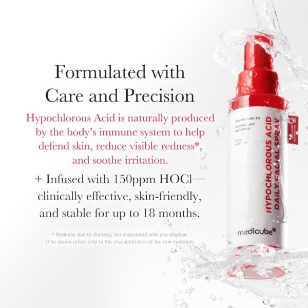 Medicube - Hypochlorous Acid Daily Facial Spray | Formulated with Care and Precision | Hypochlorous Acid is naturally produced by the body's immune system to help defend skin, reduce visible redness, and soothe irritation. | Infused with 150 ppm HOCL - clinically effective, skin-friendly and stable for up to 18 months | * Redness due to dryness, not associated with any disease. The above refers only to the characteristics of the raw materials.