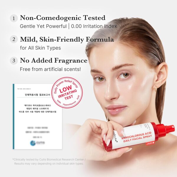 Medicube - Hypochlorous Acid Daily Facial Spray | Non-Comedogenic Tested - Gentle Yet Powerful - 0.00 Irritation Index | Mild, Skin-Friendly Formula - for All Skin Types | No Added Fragrance - Free from artificial scents | * Clinically tested by Cutis Biomedical Research Center. Results may vary depending on individual skin types.