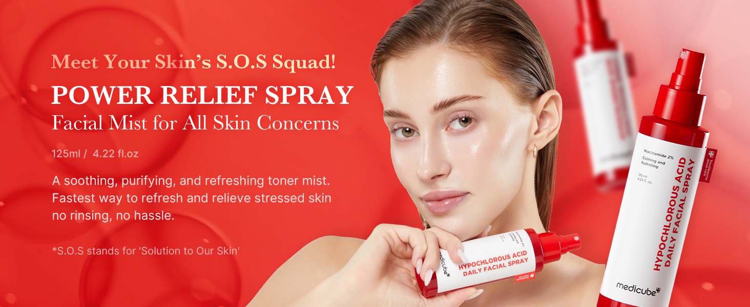 Medicube - Hypochlorous Acid Daily Facial Spray | Meet Your Skin's SOS Squad | Power Relief Spray | Facial Mist for All Skin Concerns | 125 ml / 4.22 fl. oz. | A soothing, purifying and refreshing toner mist. Fastest way to refresh and relieve stressed skin. No rinsing, no hassle. | * SOS stands for 'Solution to Our Skin'