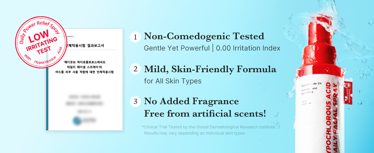 Medicube - Hypochlorous Acid Daily Facial Spray | Non-Comedogenic Tested - Gentle Yet Powerful - 0.00 Irritation Index | Mild, Skin-Friendly Formula - for All Skin Types | No Added Fragrance - Free from artificial scents | * Clinically tested by Cutis Biomedical Research Center. Results may vary depending on individual skin types.