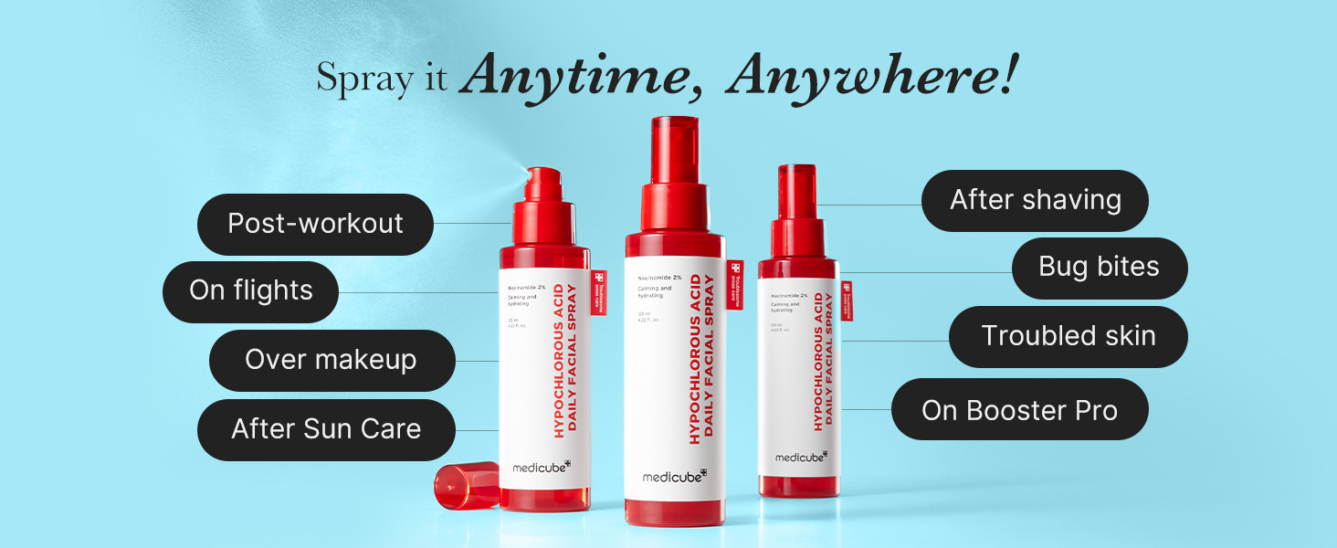 Medicube - Hypochlorous Acid Daily Facial Spray | Spray it Anytime, Anywhere! | Post-workout | On flights | Over makeup | After Sun Care | After shaving | Bug bites | Troubled skin | On Booster Pro
