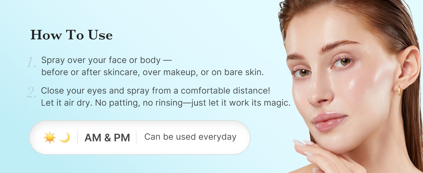 Medicube - Hypochlorous Acid Daily Facial Spray | How To Use | Spray over your face or body - before or after skincare, over makeup or on bare skin. | Close your eyes and spray from a comfortable distance! Let it air dry. No patting, no rinsing - just let it work its magic. | AM & PM | Can be used everyday.