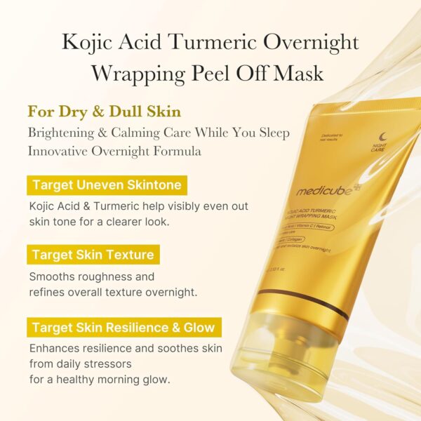 Medicube - Kojic Acid Turmeric Night Wrapping Mask | Kojic Acid Turmeric Overnight Wrapping Peel Off Mask | For Dry & Dull Skin | Brightening & Calming Care While You Sleep Innovative Overnight Formula | Target Uneven Skin tone - Kojic Acid & Turmeric help visibly even out skin tone for a clearer look | Target Skin Texture - Smooths roughness and refines overall texture overnight | Target Skin Resilience & Glow - Enhances resilience and soothes skin from daily stressors for a healthy morning glow.