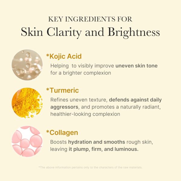 Medicube - Kojic Acid Turmeric Night Wrapping Mask - Key Ingredients for Skin Clarity and Brightness | Kojic Acid - Helping to visibly improve uneven skin tone for a brighter complexion | Turmeric - Refines uneven texture, defends against daily aggressors and promotes a naturally radiant, healthier-looking complexion | Collagen - Boosts hydration and smooths rough skin, leaving it plump, firm and luminous | * The above information pertains only to the characters of the raw materials.