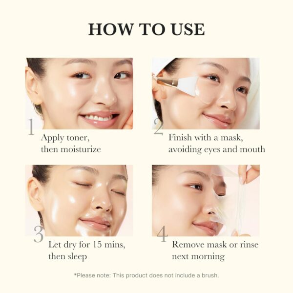 Medicube - Kojic Acid Turmeric Night Wrapping Mask | How to use | Step 1 - Apply toner, then moisturize | Step 2 - Finish with a mask avoiding eyes and mouth | Step 3 - Let dry for 15 minutes, then sleep | Step 4 - Remove the mask or wash it off next morning.