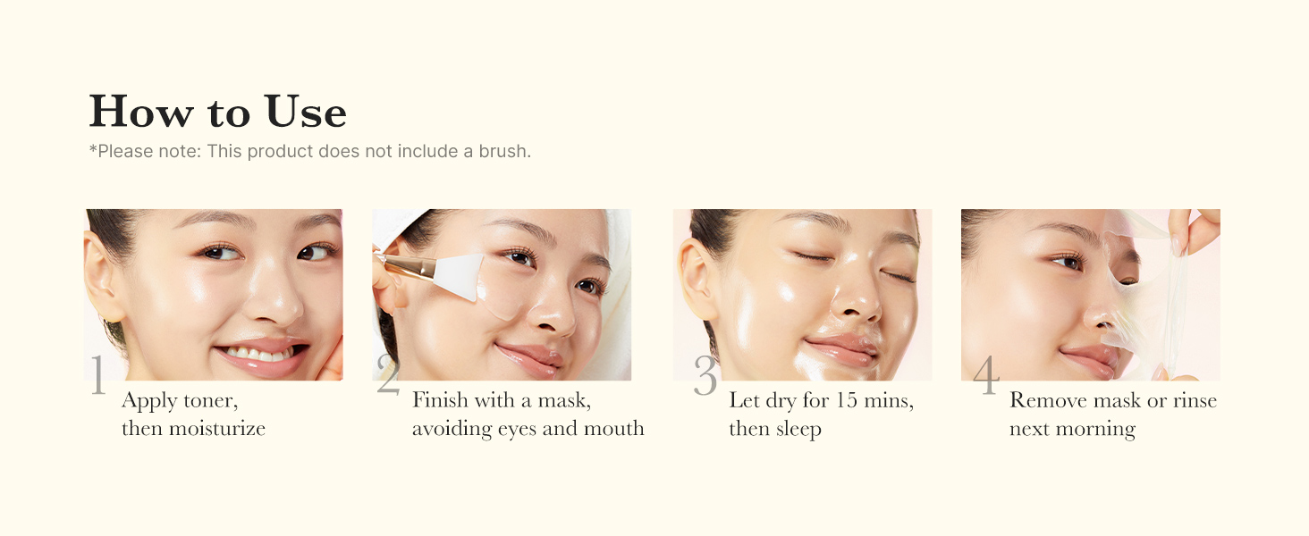 Medicube - Kojic Acid Turmeric Night Wrapping Mask | How to use | Step 1 - Apply toner, then moisturize | Step 2 - Finish with a mask avoiding eyes and mouth | Step 3 - Let dry for 15 minutes, then sleep | Step 4 - Remove the mask or wash it off next morning.
