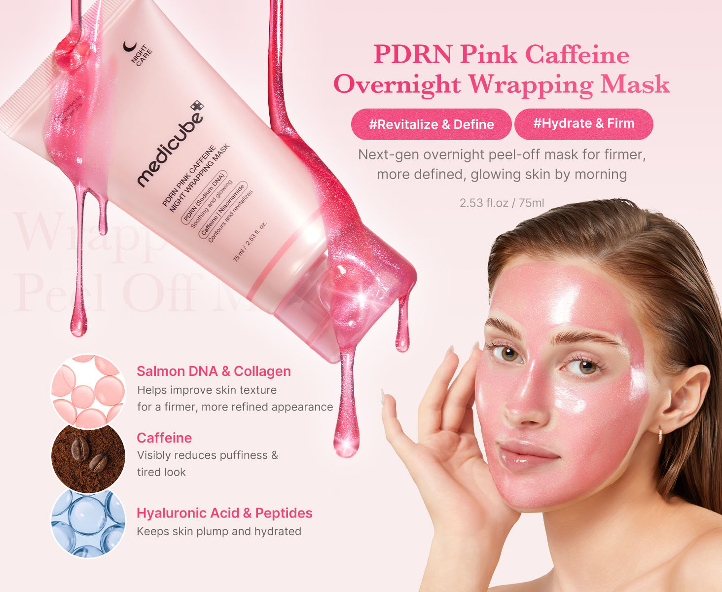 Medicube - PDRN Caffeine Night Wrapping Mask | PDRN Pink Caffeine Overnight Wrapping Mask | #Revitalize & Define | #Hydrate & Firm | Next-gen overnight peel-off mask for firmer, more defined, glowing skin by morning | 2.53 fl. oz. / 75 ml | Salmon DNA & Collagen - Helps improve skin texture for a firmer, more refined appearance | Caffeine - Visibly reduces puffiness & tired look | Hyaluronic Acid & Peptides - Keeps skin plump and hydrated