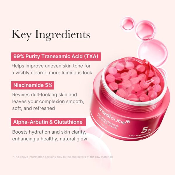 Medicube TXA Niacinamide Capsule Cream - Key Ingredients | 99% Purity Tranexamic Acid (TXA) - Helps improve uneven skin tone for a visibly clearer, more luminous look | Niacinamide 5% - Revives dull-looking skin and leaves your complexion smooth, soft and refreshed | Alpha-Arbutin & Glutathione - Boosts hydration and skin clarity, enhancing a healthy, natural glow | * The above information pertains only to the characters of the raw materials.
