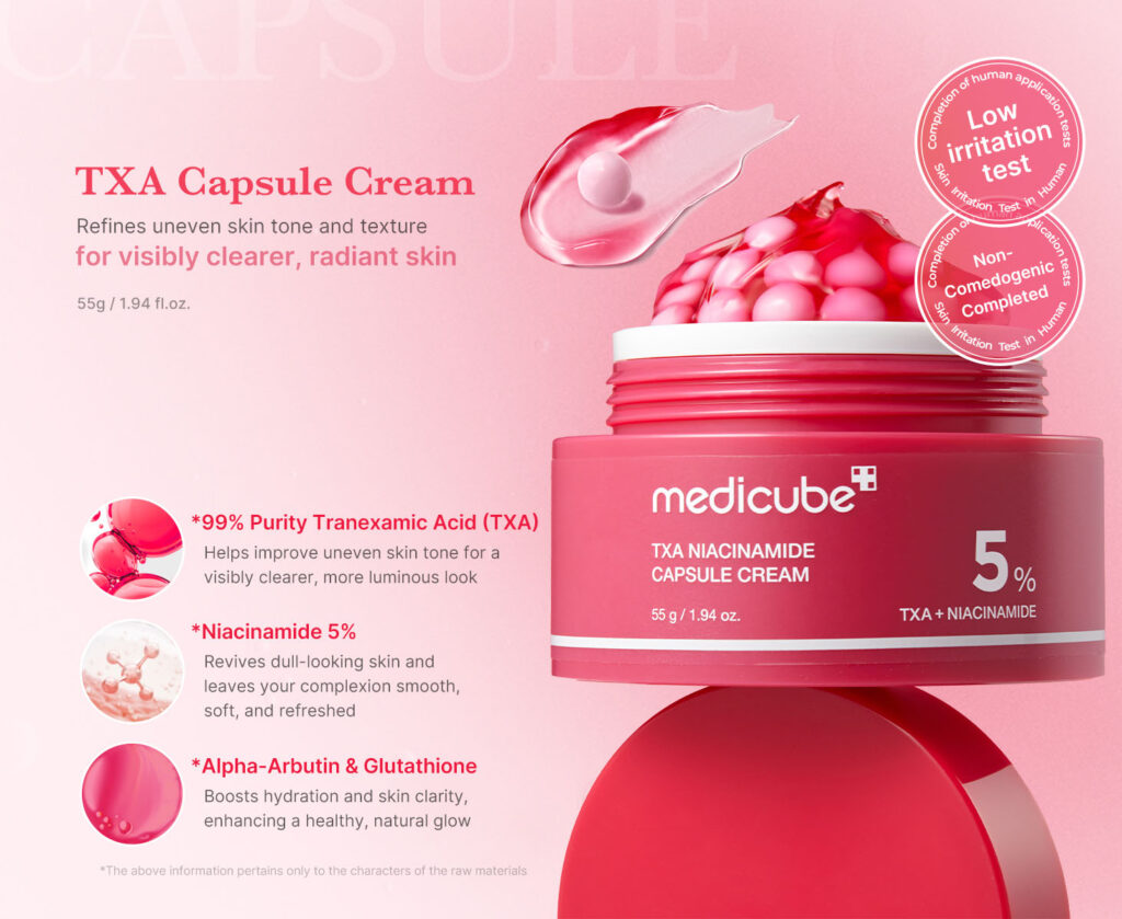 Medicube TXA Niacinamide Capsule Cream | Refines uneven skin tone and texture for visibly clearer, radiant skin | 55g / 1.94 fl. oz. | 99% Purity Tranexamic Acid (TXA) - Helps improve uneven skin tone for a visibly clearer, more luminous look | Niacinamide 5% - Revives dull-looking skin and leaves your complexion smooth, soft and refreshed | Alpha-Arbutin & Glutathione - Boosts hydration and skin clarity, enhancing a healthy, natural glow | * The above information pertains only to the characters of the raw materials.