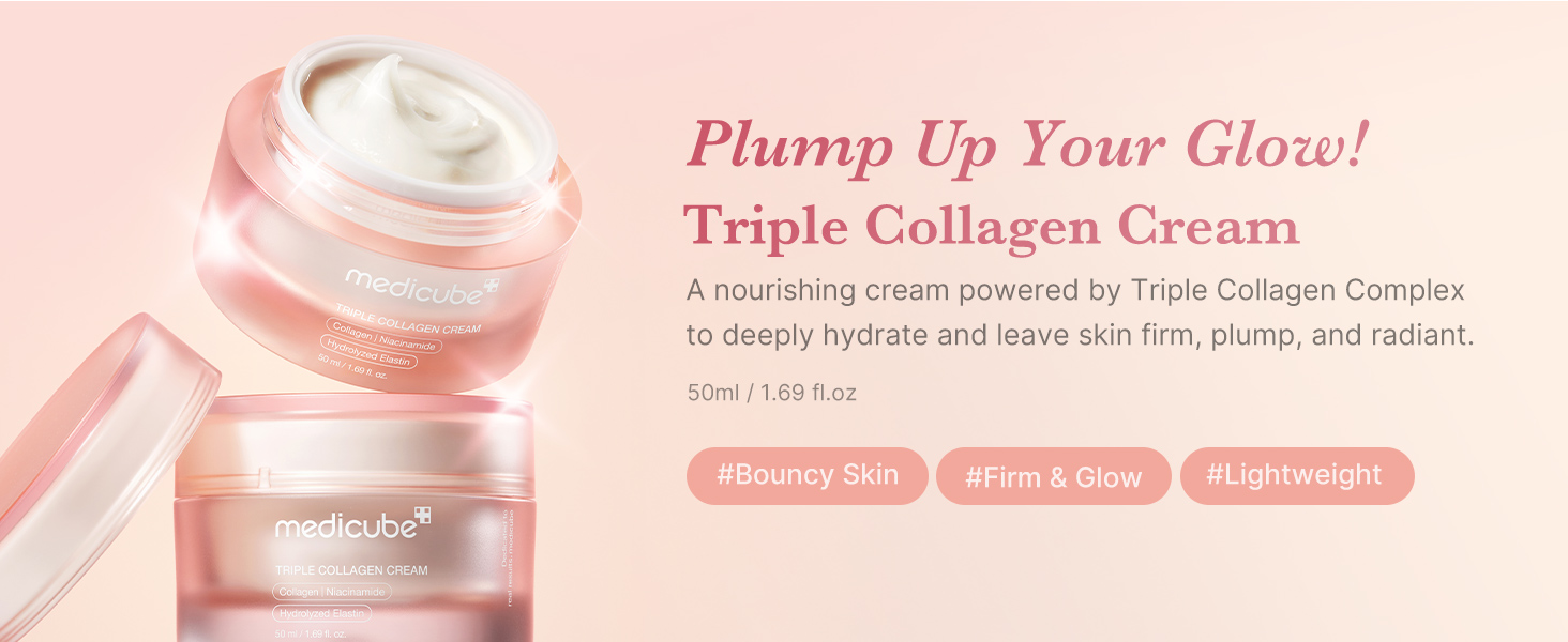 Medicube - Triple Collagen Cream | Plump up Your Glow | Triple Collagen Cream | A nourishing cream powered by Triple Collagen Complex to deeply hydrate and leave skin firm, plump, and radiant | 50 ml / 1.69 fl. oz. | #Bouncy Skin | #Firm & Glow | #Lightweight