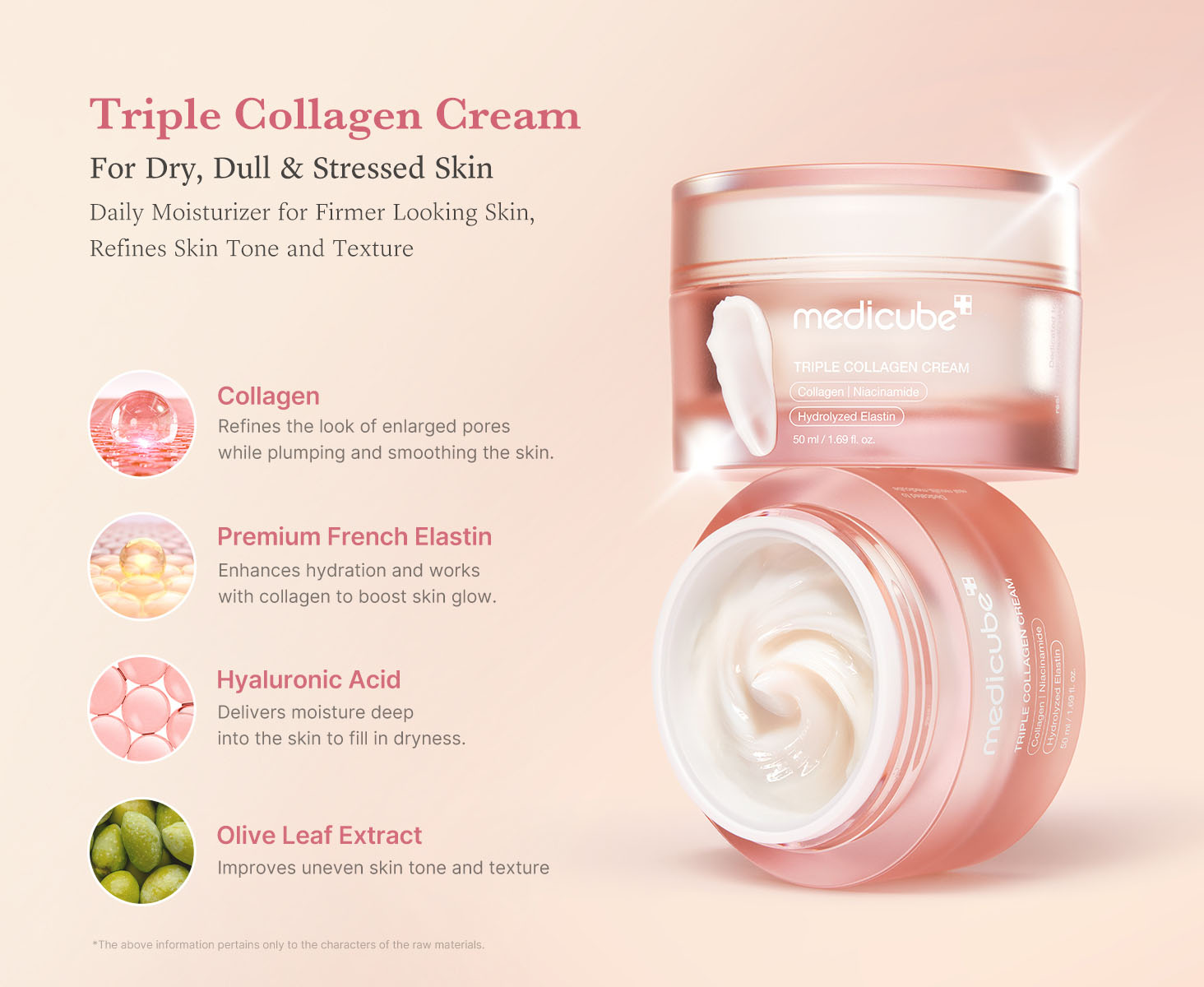 Medicube - Triple Collagen Cream | For Dry, Dull & Stressed Skin | Daily Moisturizer for Firmer Looking Skin, Refines Skin Tone and Texture | Collagen - Refines the look of enlarged pores while plumping and smoothing the skin | Premium French Elastin - Boosts hydration and supports collagen to enhance skin glow | Hyaluronic Acid - Delivers moisture deep into the skin to fill in dryness | Olive Leaf Extract - Improves uneven skin tone and texture | * The above information pertains only to the characters of the raw materials.
