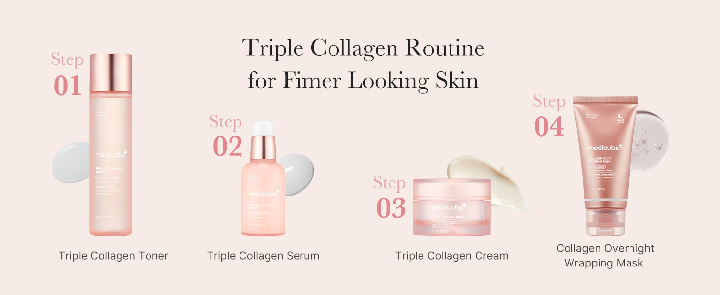 Triple Collagen Routine for Firmer Looking Skin | Step 1 - Triple Collagen Toner | Step 2 - Triple Collagen Serum | Step 3 - Triple Collagen Cream | Step 4 - Collagen Overnight Wrapping Mask
